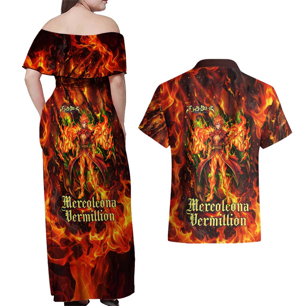 Mereoleona Vermillion Black Clover Couples Matching Off Shoulder Maxi Dress and Hawaiian Shirt Inferno Flame Anime Style with Lion Symbolism