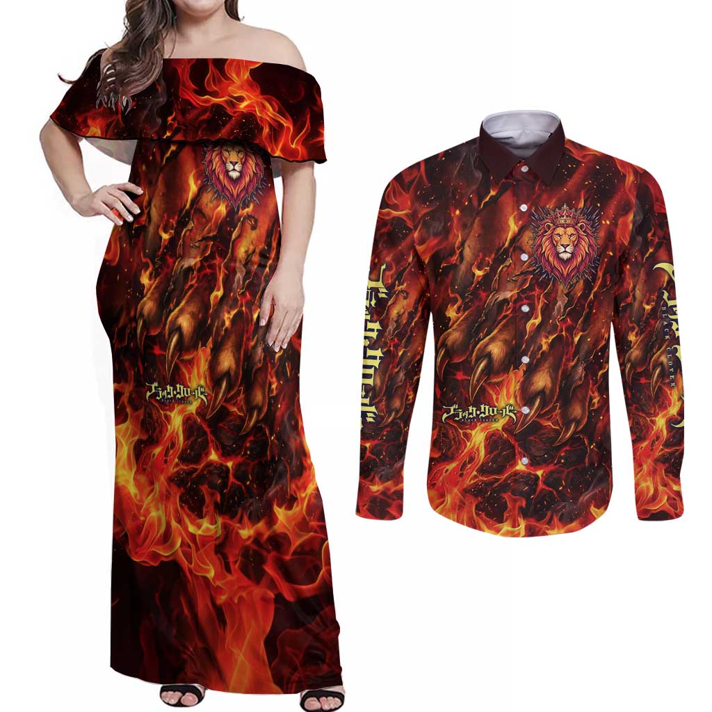 Mereoleona Vermillion Black Clover Couples Matching Off Shoulder Maxi Dress and Long Sleeve Button Shirt Inferno Flame Anime Style with Lion Symbolism
