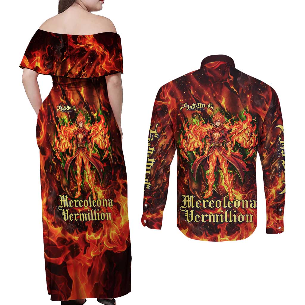 Mereoleona Vermillion Black Clover Couples Matching Off Shoulder Maxi Dress and Long Sleeve Button Shirt Inferno Flame Anime Style with Lion Symbolism