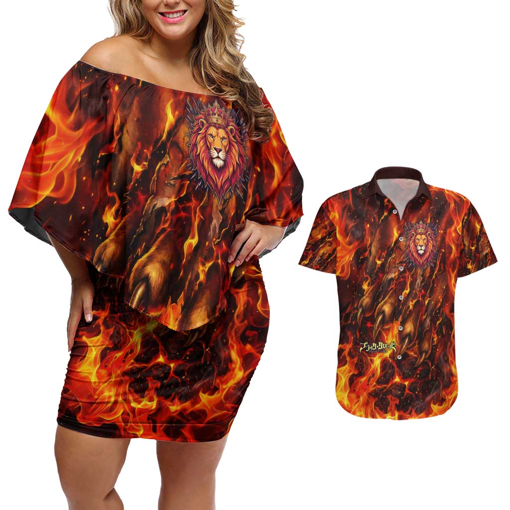 Mereoleona Vermillion Black Clover Couples Matching Off Shoulder Short Dress and Hawaiian Shirt Inferno Flame Anime Style with Lion Symbolism