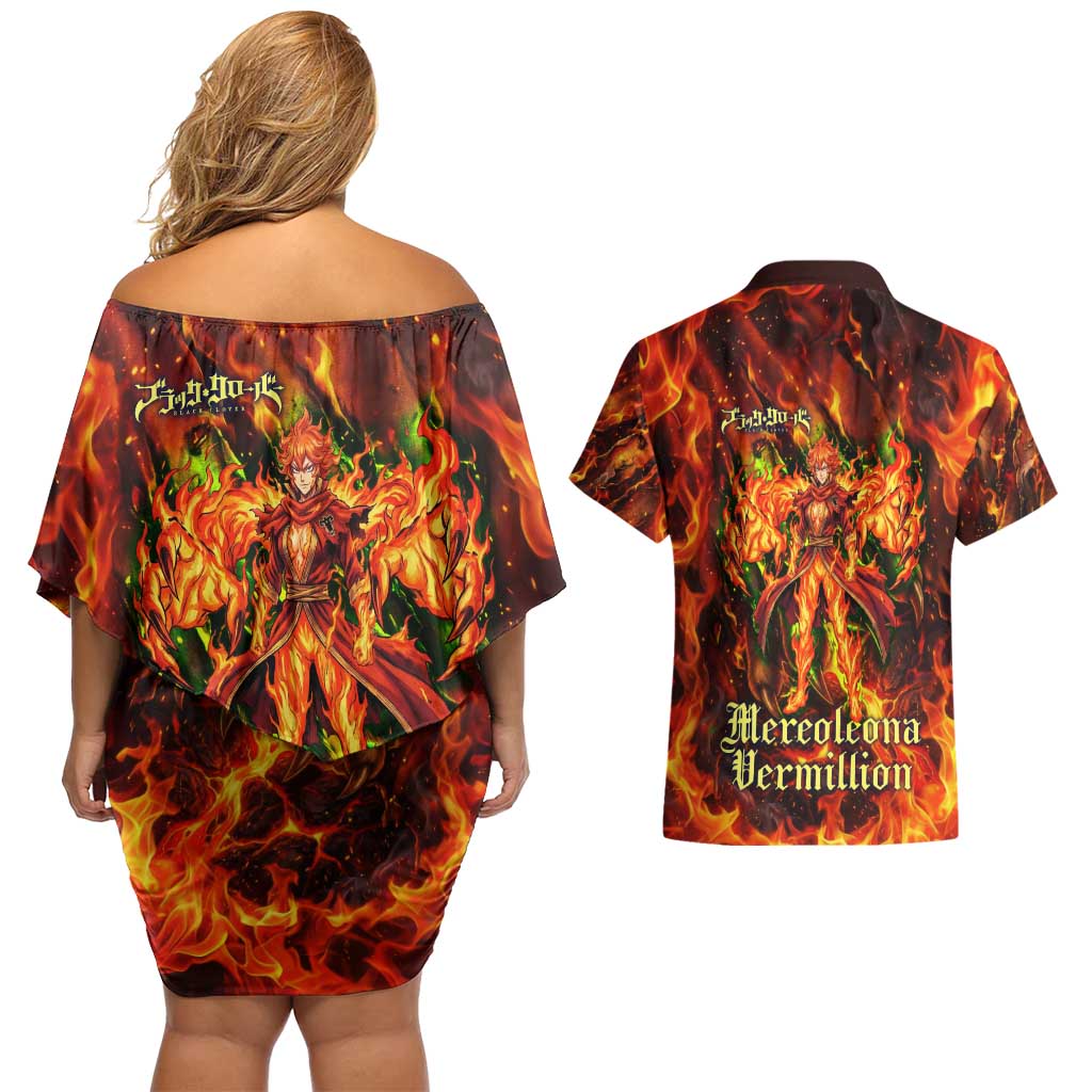 Mereoleona Vermillion Black Clover Couples Matching Off Shoulder Short Dress and Hawaiian Shirt Inferno Flame Anime Style with Lion Symbolism