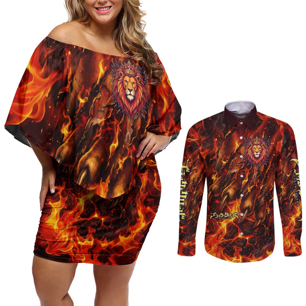Mereoleona Vermillion Black Clover Couples Matching Off Shoulder Short Dress and Long Sleeve Button Shirt Inferno Flame Anime Style with Lion Symbolism