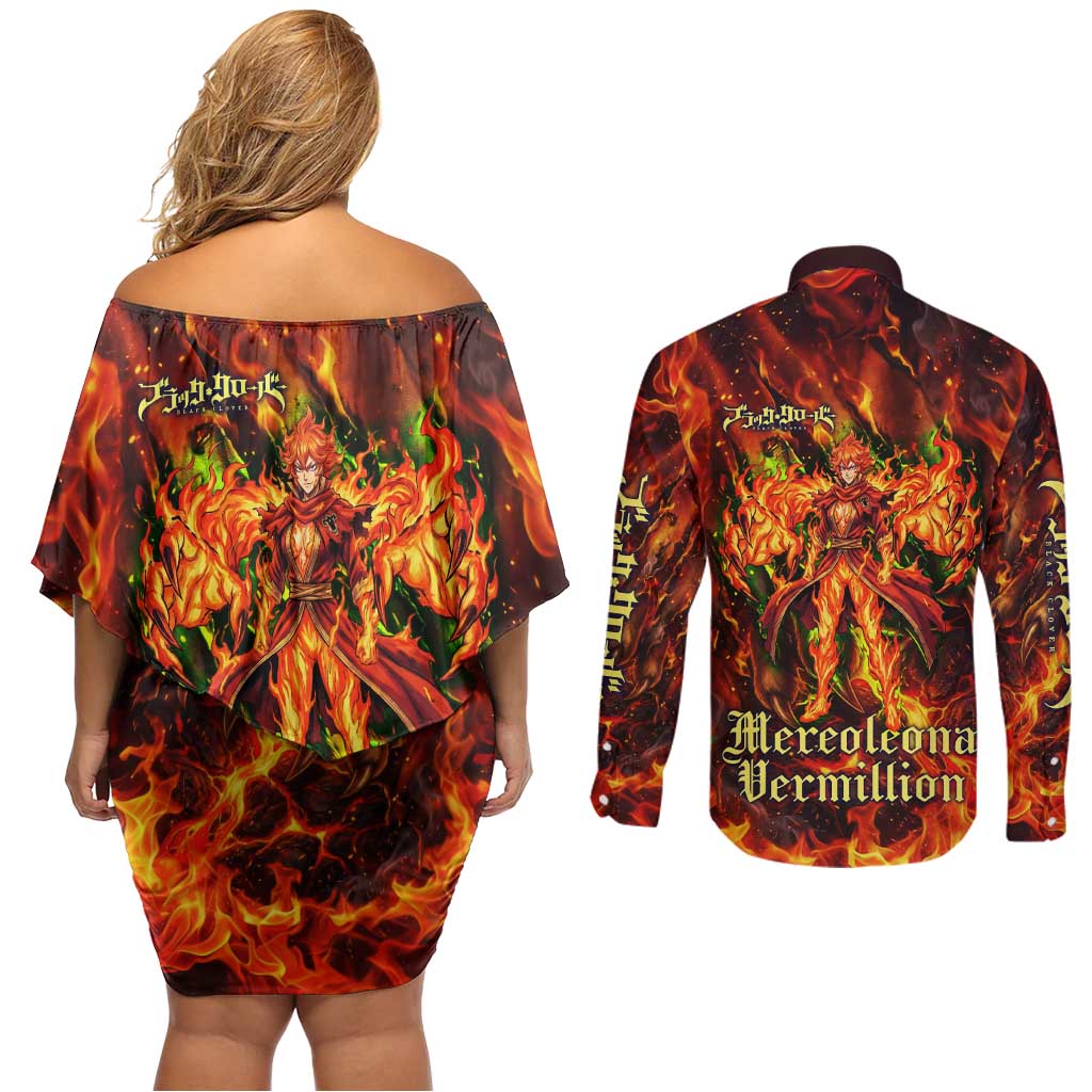 Mereoleona Vermillion Black Clover Couples Matching Off Shoulder Short Dress and Long Sleeve Button Shirt Inferno Flame Anime Style with Lion Symbolism