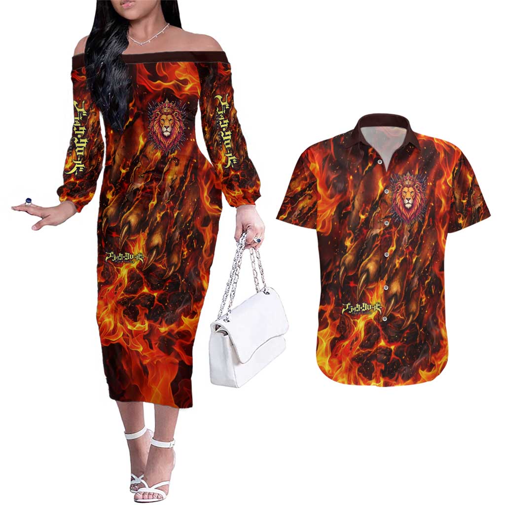 Mereoleona Vermillion Black Clover Couples Matching Off The Shoulder Long Sleeve Dress and Hawaiian Shirt Inferno Flame Anime Style with Lion Symbolism