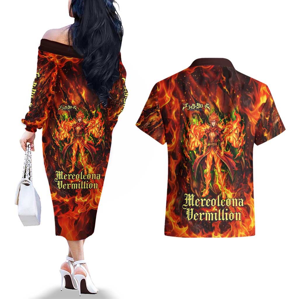 Mereoleona Vermillion Black Clover Couples Matching Off The Shoulder Long Sleeve Dress and Hawaiian Shirt Inferno Flame Anime Style with Lion Symbolism