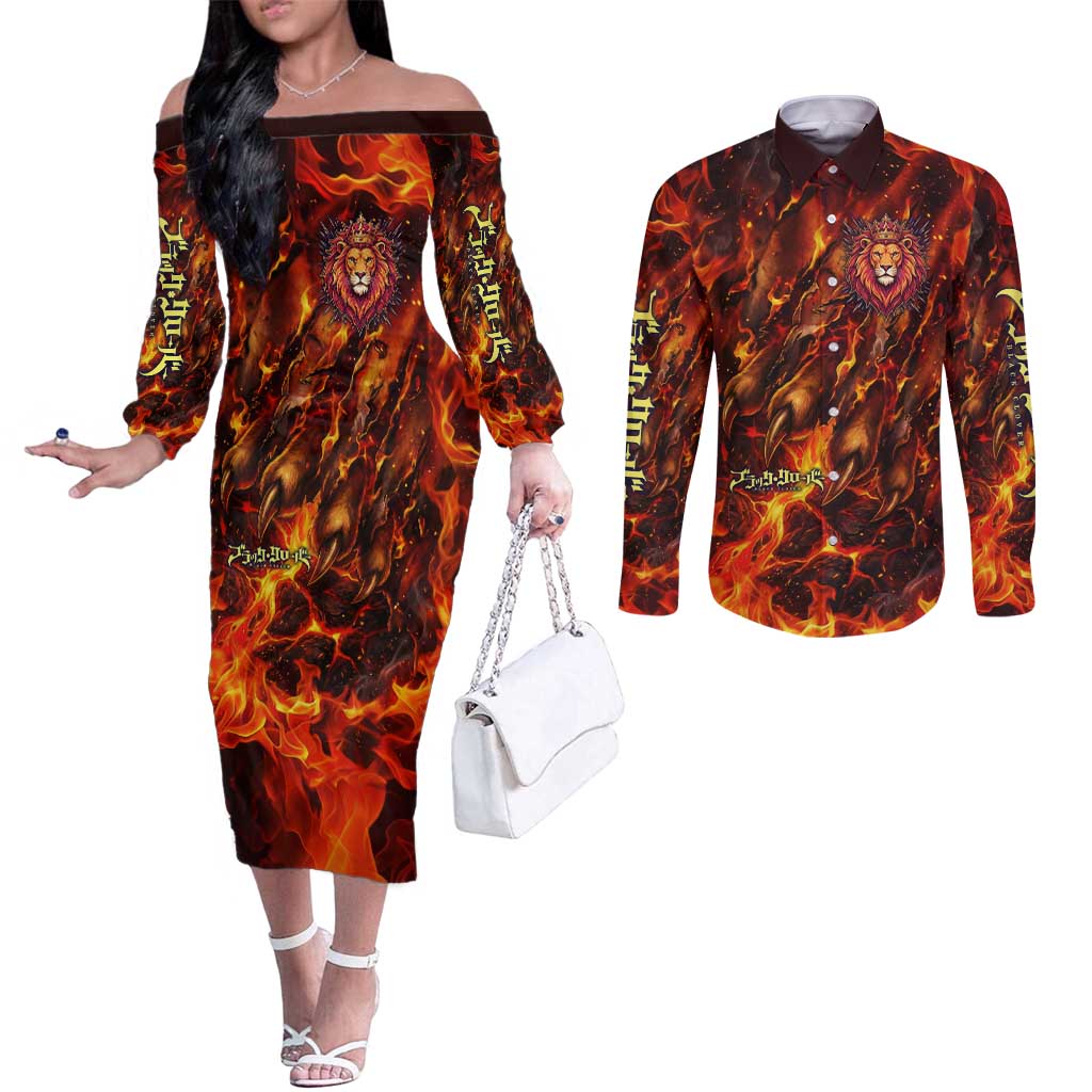 Mereoleona Vermillion Black Clover Couples Matching Off The Shoulder Long Sleeve Dress and Long Sleeve Button Shirt Inferno Flame Anime Style with Lion Symbolism