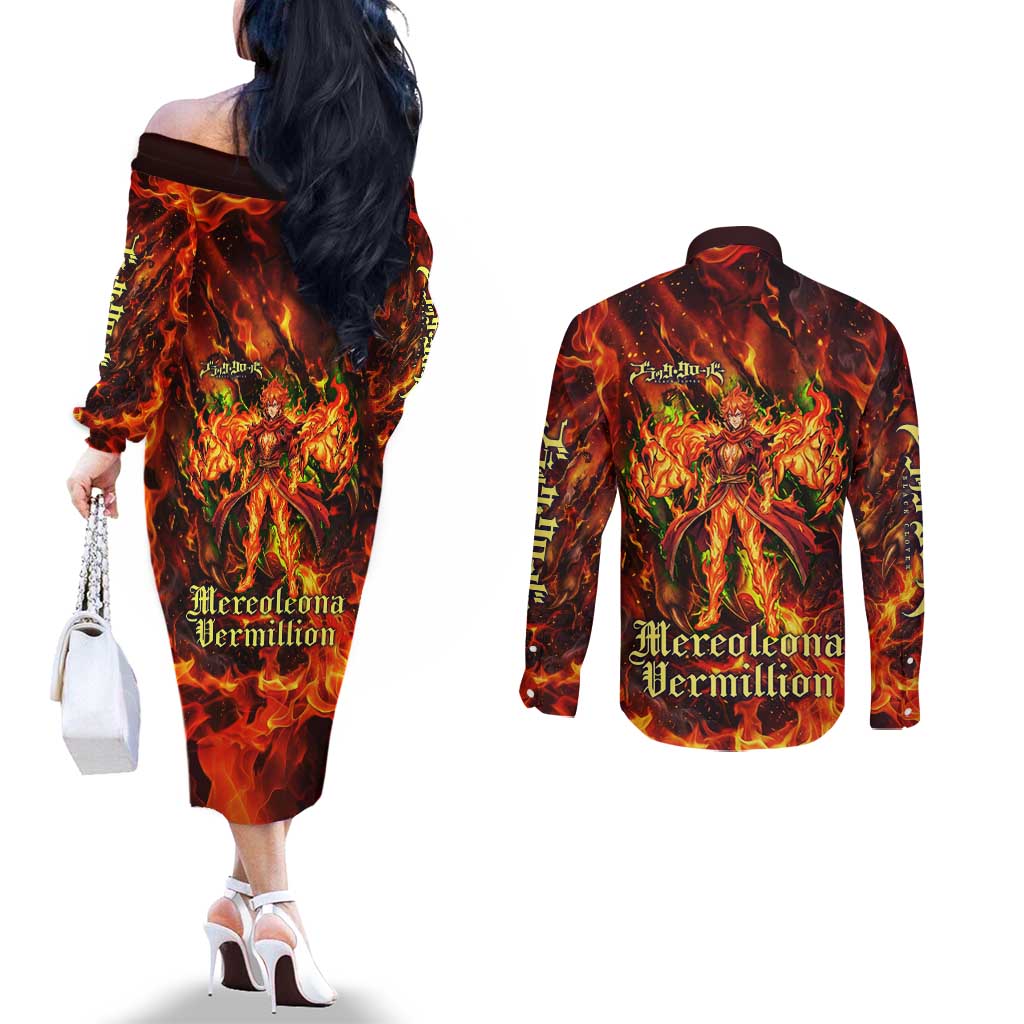 Mereoleona Vermillion Black Clover Couples Matching Off The Shoulder Long Sleeve Dress and Long Sleeve Button Shirt Inferno Flame Anime Style with Lion Symbolism