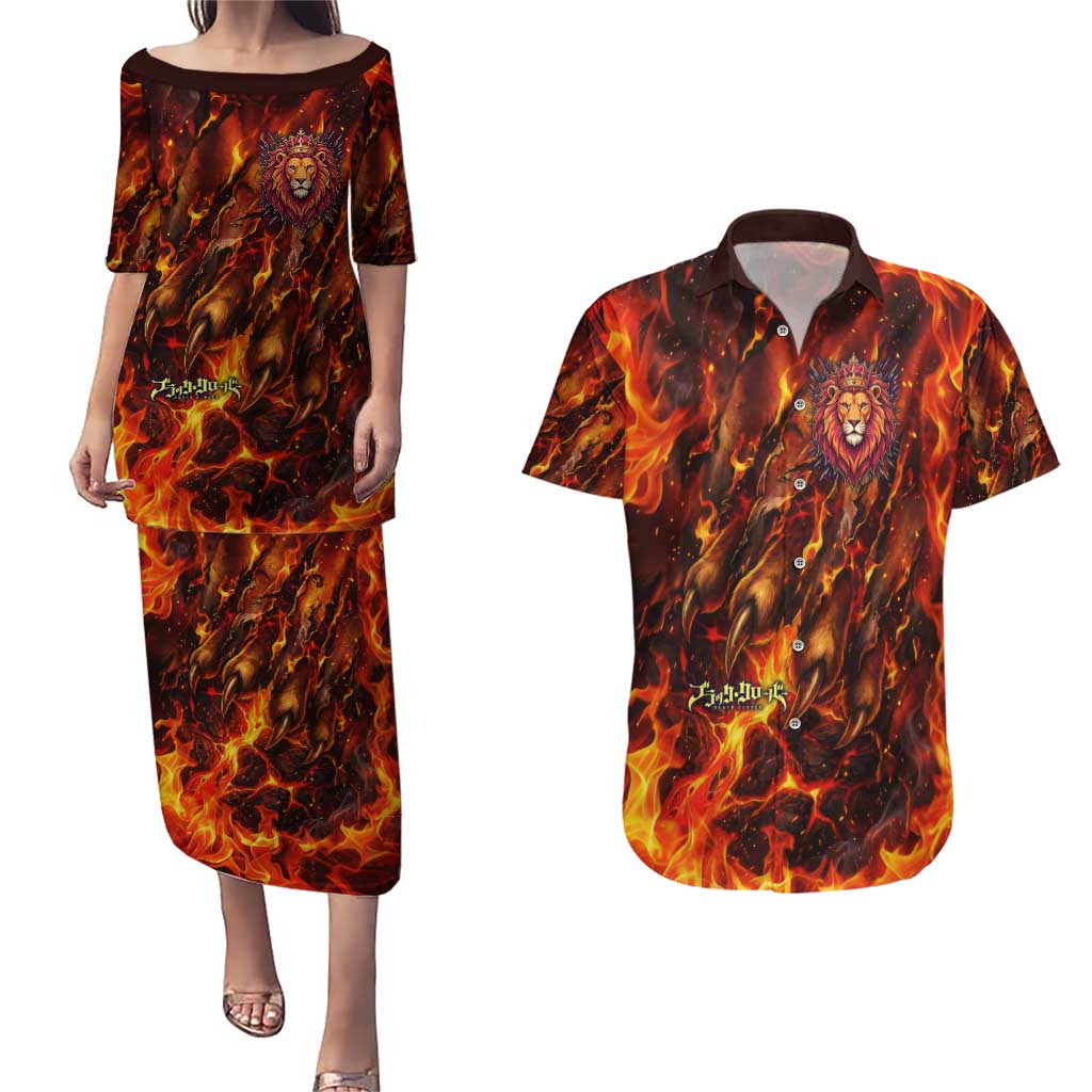 Mereoleona Vermillion Black Clover Couples Matching Puletasi and Hawaiian Shirt Inferno Flame Anime Style with Lion Symbolism