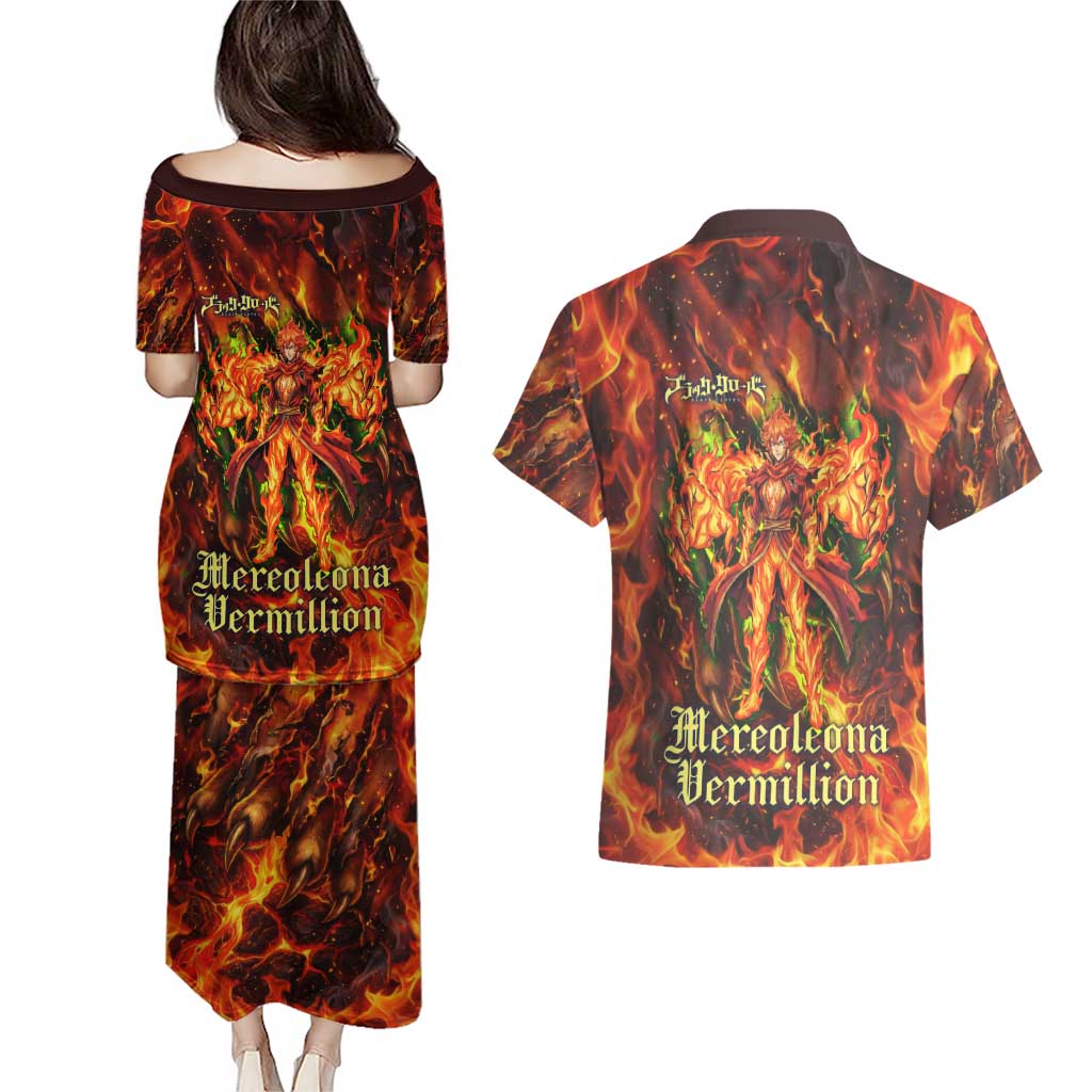 Mereoleona Vermillion Black Clover Couples Matching Puletasi and Hawaiian Shirt Inferno Flame Anime Style with Lion Symbolism