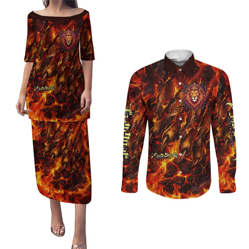 Mereoleona Vermillion Black Clover Couples Matching Puletasi and Long Sleeve Button Shirt Inferno Flame Anime Style with Lion Symbolism
