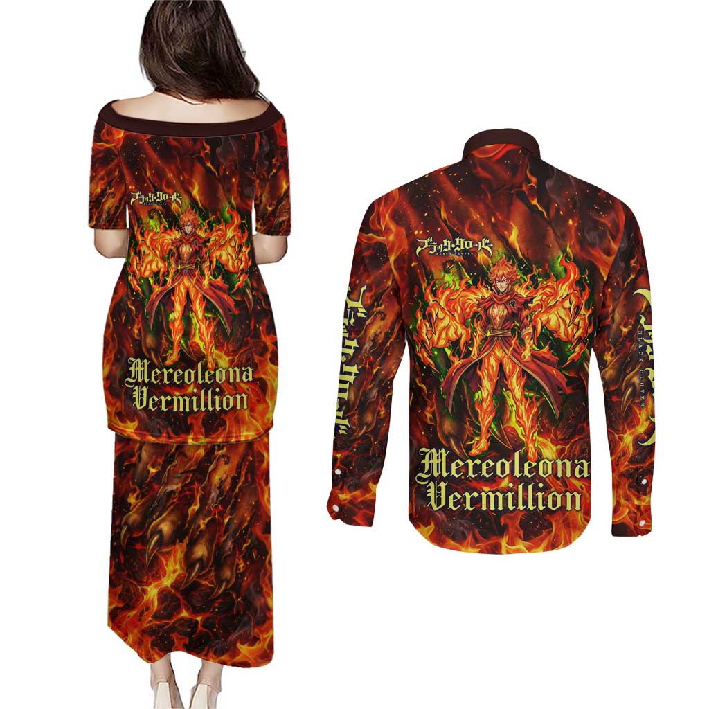 Mereoleona Vermillion Black Clover Couples Matching Puletasi and Long Sleeve Button Shirt Inferno Flame Anime Style with Lion Symbolism