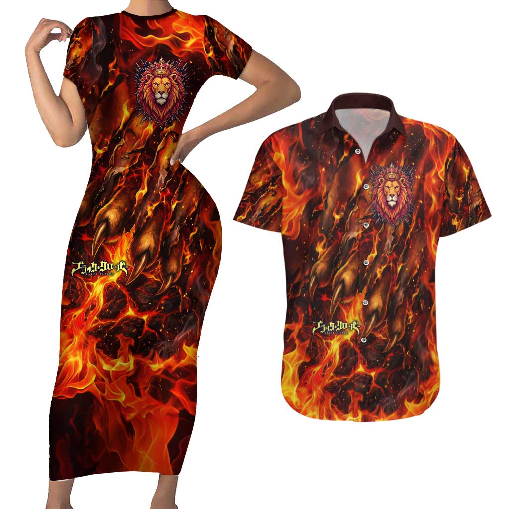 Mereoleona Vermillion Black Clover Couples Matching Short Sleeve Bodycon Dress and Hawaiian Shirt Inferno Flame Anime Style with Lion Symbolism
