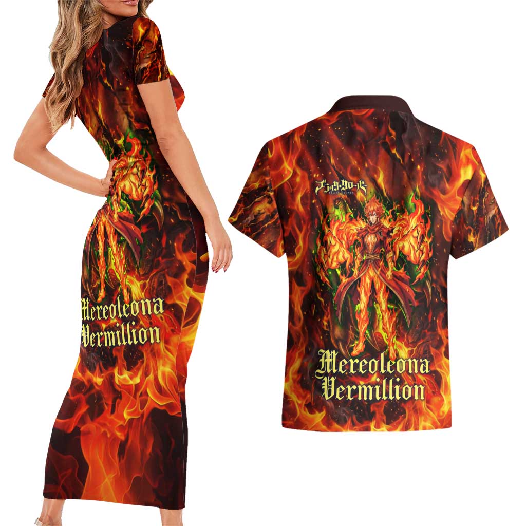 Mereoleona Vermillion Black Clover Couples Matching Short Sleeve Bodycon Dress and Hawaiian Shirt Inferno Flame Anime Style with Lion Symbolism