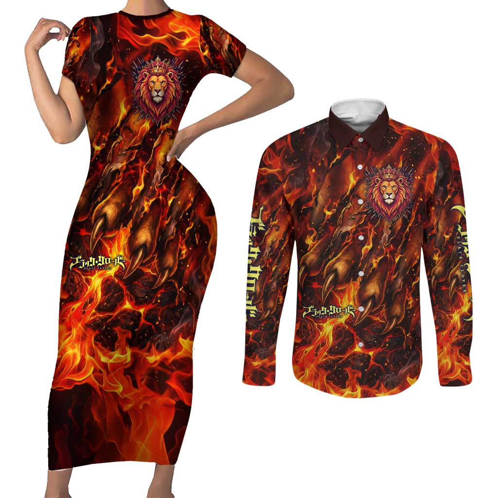 Mereoleona Vermillion Black Clover Couples Matching Short Sleeve Bodycon Dress and Long Sleeve Button Shirt Inferno Flame Anime Style with Lion Symbolism