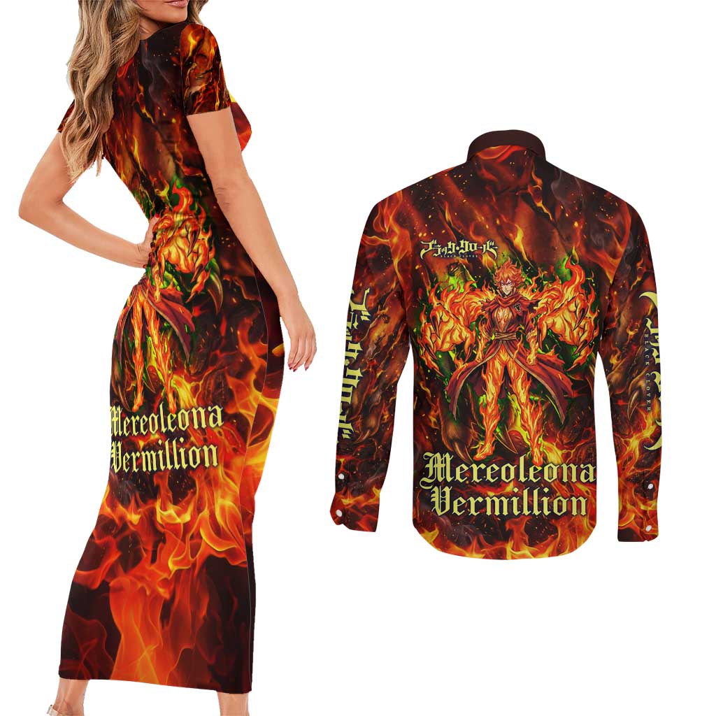 Mereoleona Vermillion Black Clover Couples Matching Short Sleeve Bodycon Dress and Long Sleeve Button Shirt Inferno Flame Anime Style with Lion Symbolism
