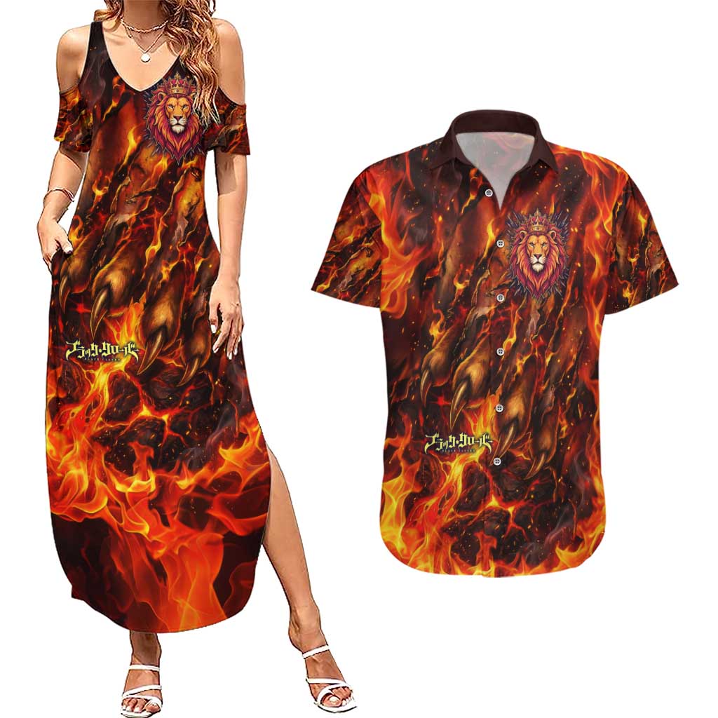 Mereoleona Vermillion Black Clover Couples Matching Summer Maxi Dress and Hawaiian Shirt Inferno Flame Anime Style with Lion Symbolism