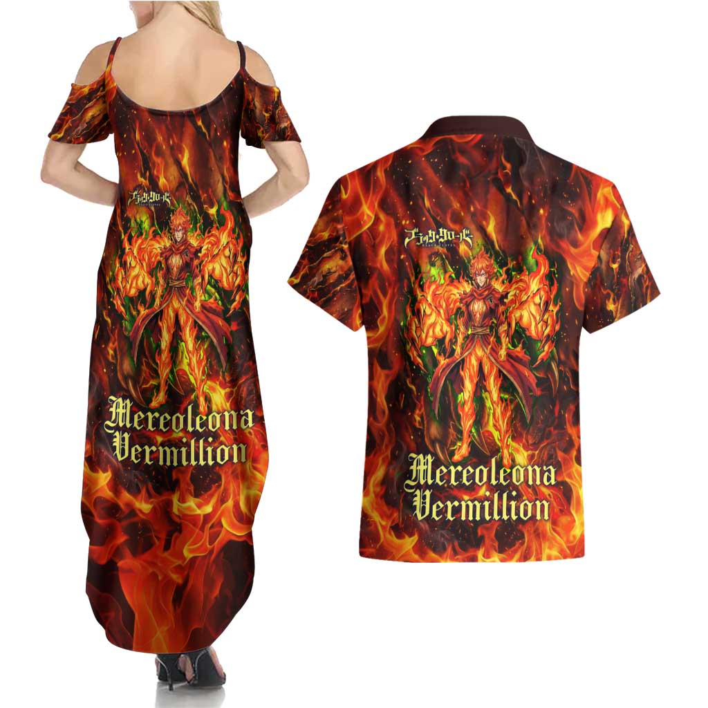 Mereoleona Vermillion Black Clover Couples Matching Summer Maxi Dress and Hawaiian Shirt Inferno Flame Anime Style with Lion Symbolism