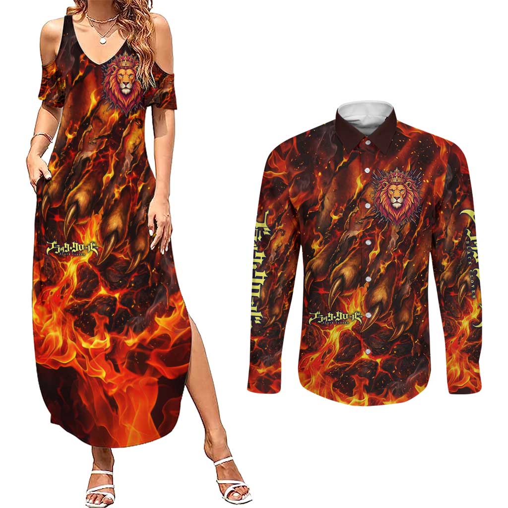 Mereoleona Vermillion Black Clover Couples Matching Summer Maxi Dress and Long Sleeve Button Shirt Inferno Flame Anime Style with Lion Symbolism