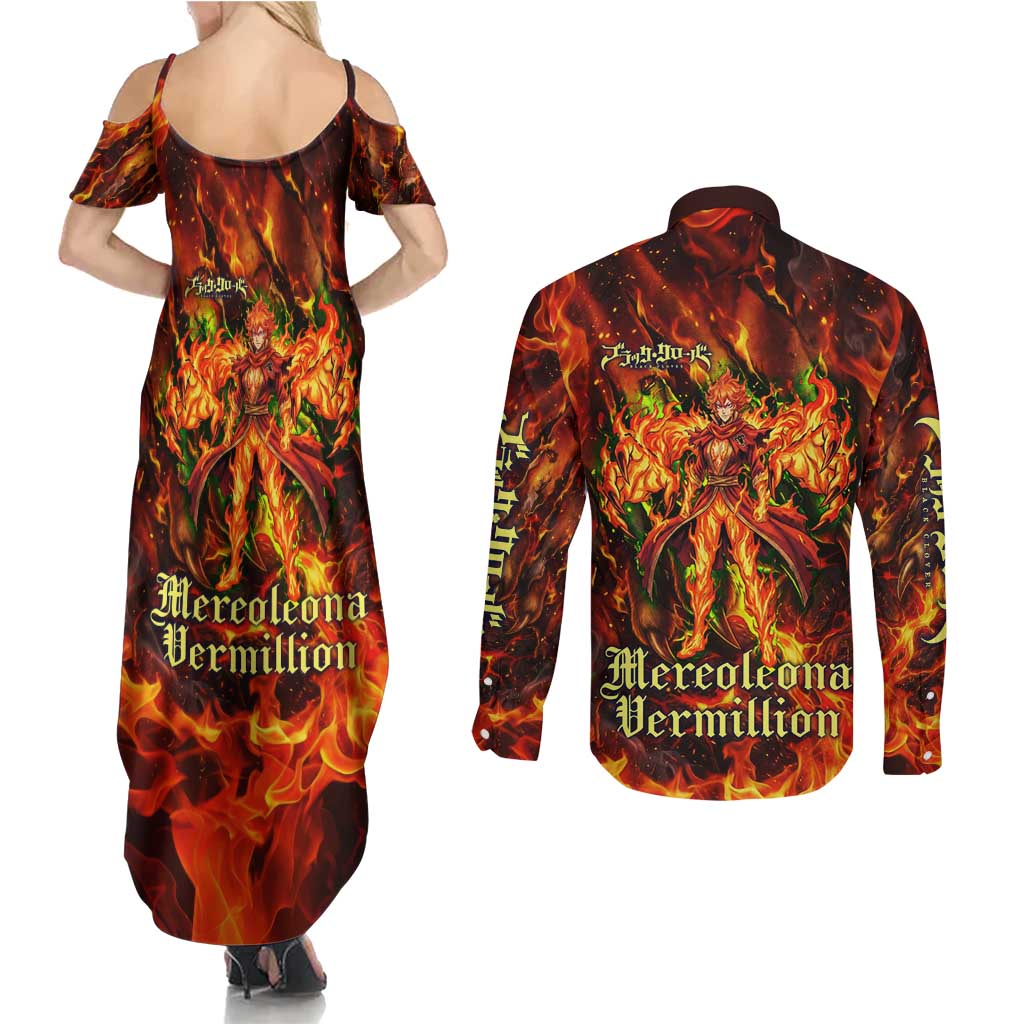 Mereoleona Vermillion Black Clover Couples Matching Summer Maxi Dress and Long Sleeve Button Shirt Inferno Flame Anime Style with Lion Symbolism
