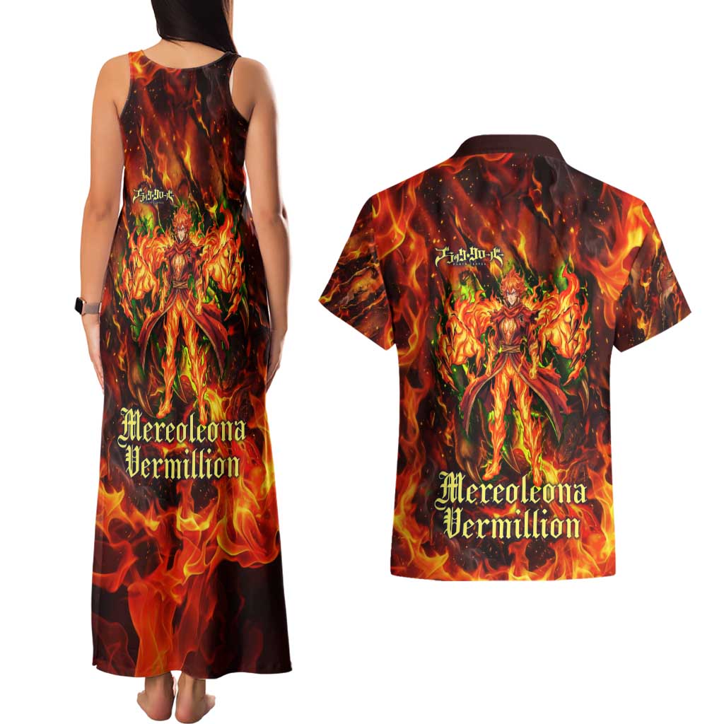 Mereoleona Vermillion Black Clover Couples Matching Tank Maxi Dress and Hawaiian Shirt Inferno Flame Anime Style with Lion Symbolism