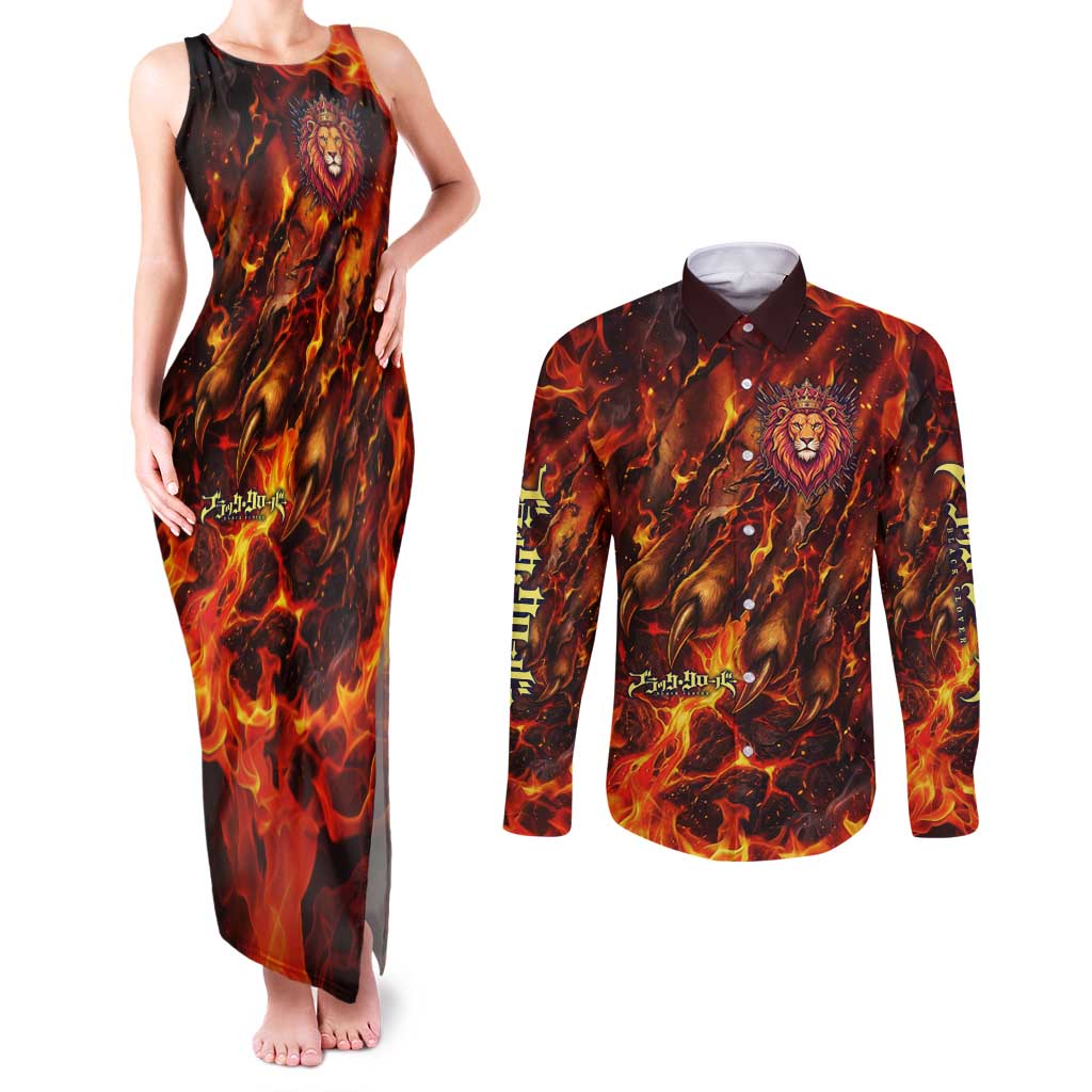 Mereoleona Vermillion Black Clover Couples Matching Tank Maxi Dress and Long Sleeve Button Shirt Inferno Flame Anime Style with Lion Symbolism