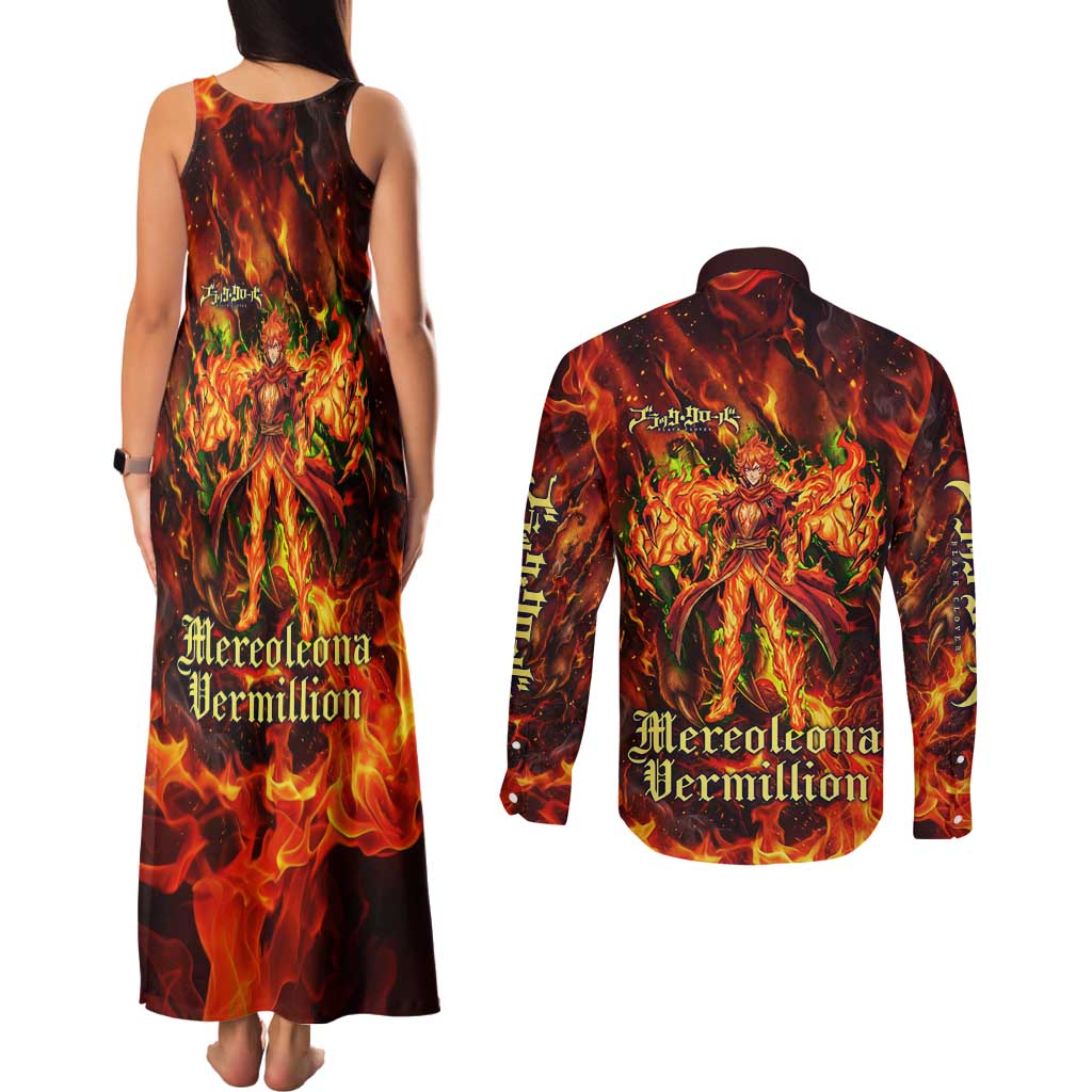 Mereoleona Vermillion Black Clover Couples Matching Tank Maxi Dress and Long Sleeve Button Shirt Inferno Flame Anime Style with Lion Symbolism