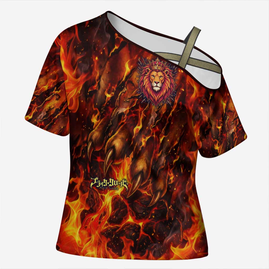 Mereoleona Vermillion Black Clover Cross Shoulder Shirt Inferno Flame Anime Style with Lion Symbolism