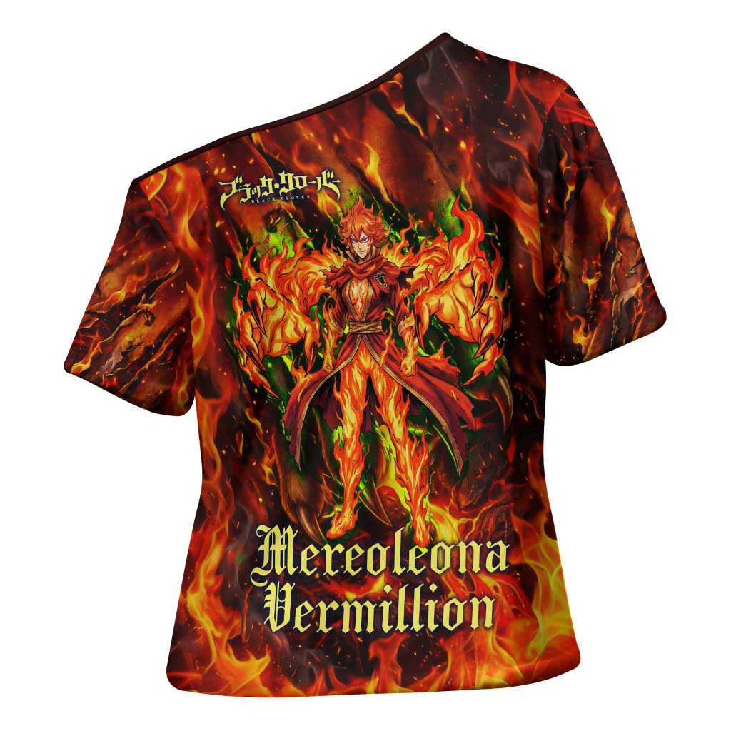 Mereoleona Vermillion Black Clover Cross Shoulder Shirt Inferno Flame Anime Style with Lion Symbolism