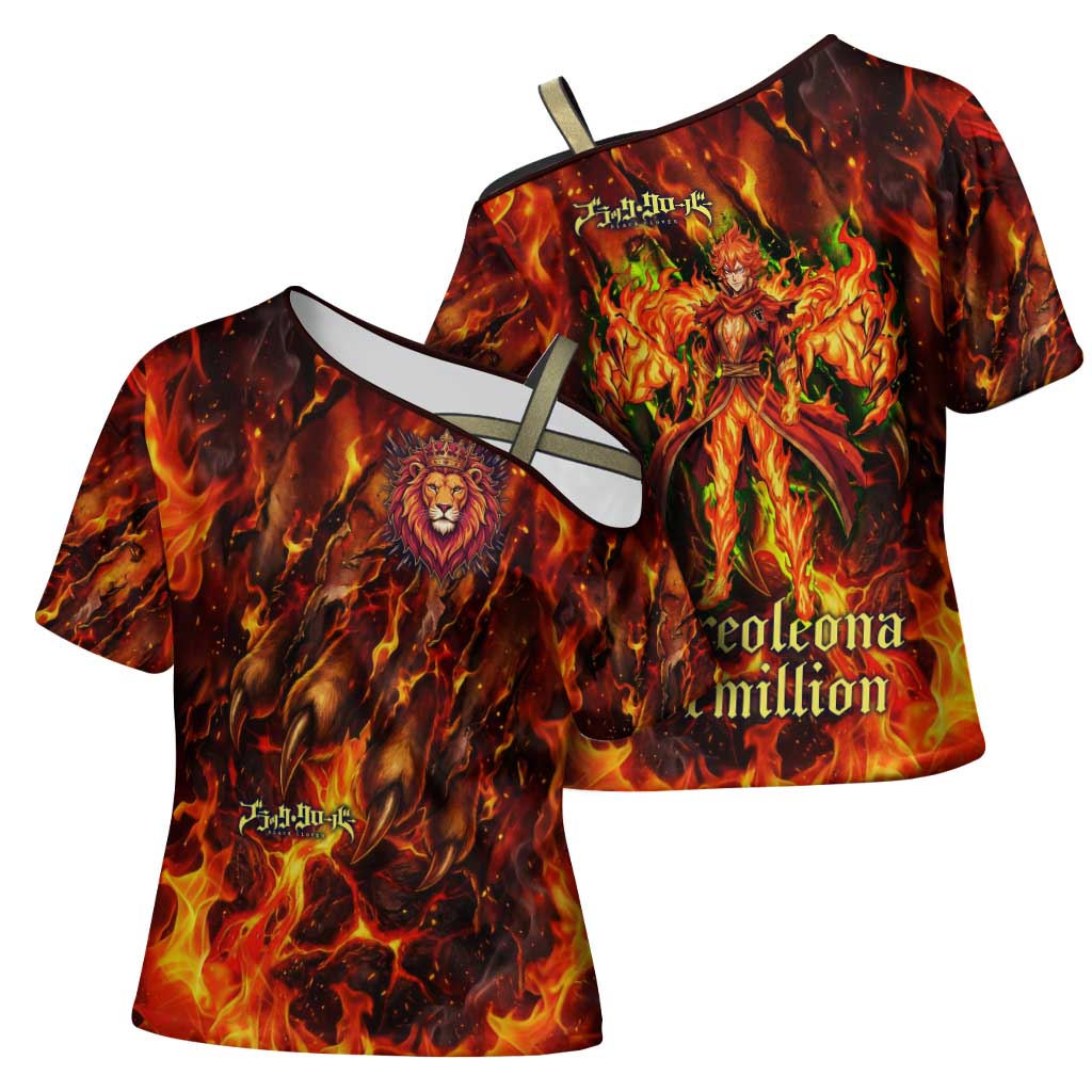 Mereoleona Vermillion Black Clover Cross Shoulder Shirt Inferno Flame Anime Style with Lion Symbolism