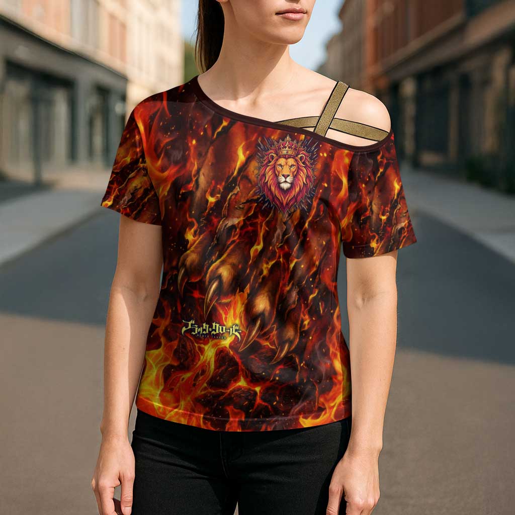 Mereoleona Vermillion Black Clover Cross Shoulder Shirt Inferno Flame Anime Style with Lion Symbolism