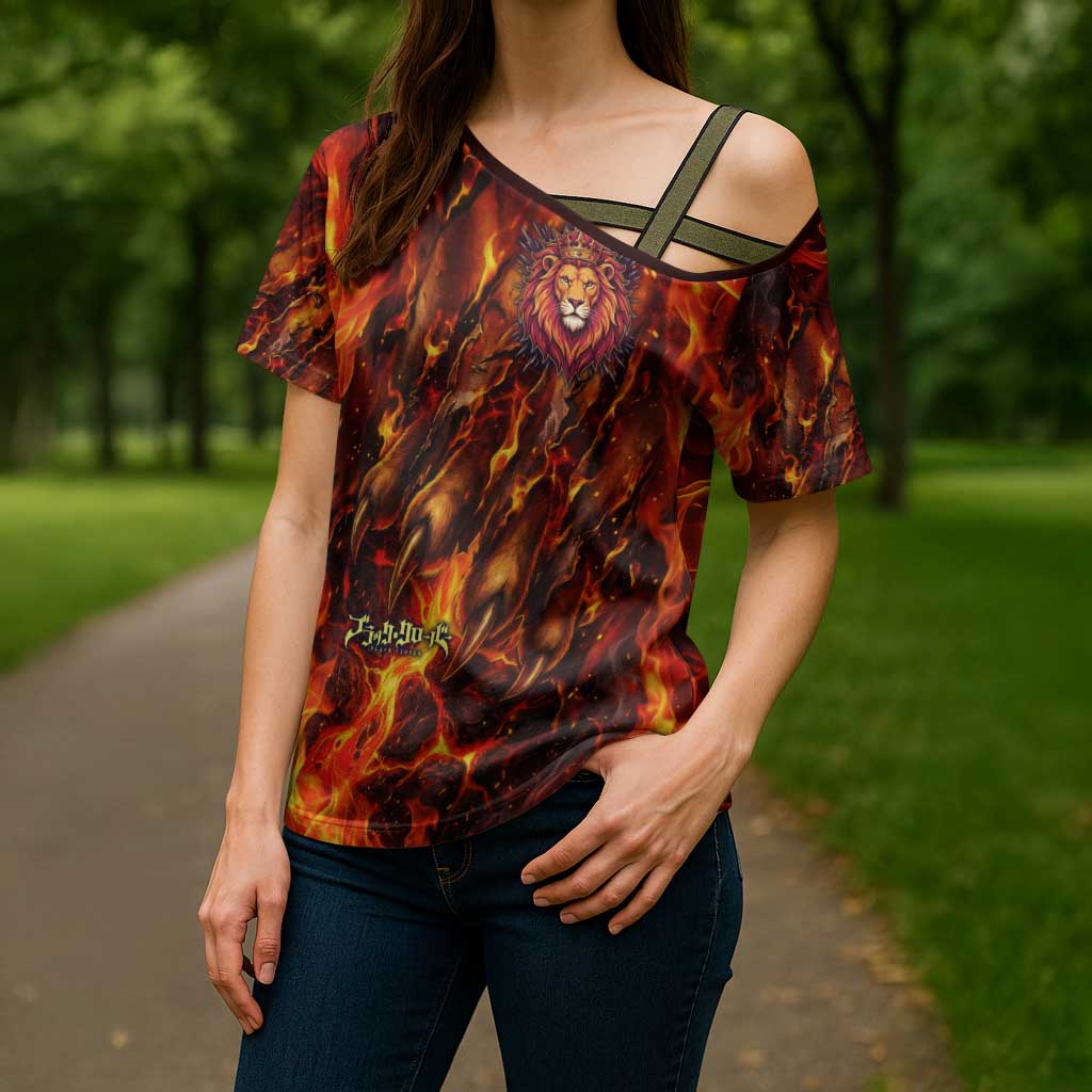 Mereoleona Vermillion Black Clover Cross Shoulder Shirt Inferno Flame Anime Style with Lion Symbolism