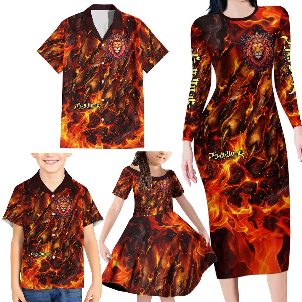 Mereoleona Vermillion Black Clover Family Matching Long Sleeve Bodycon Dress and Hawaiian Shirt Inferno Flame Anime Style with Lion Symbolism