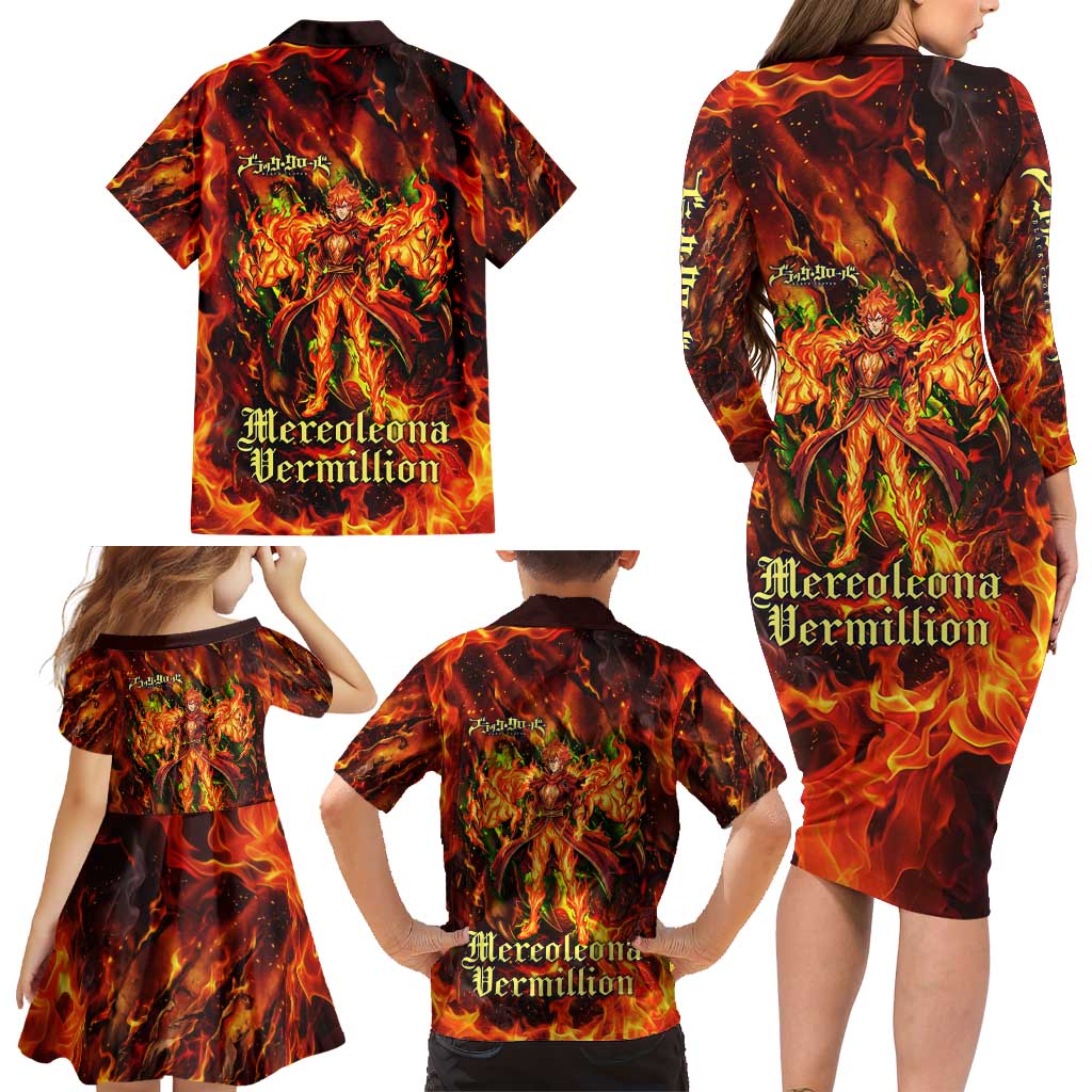 Mereoleona Vermillion Black Clover Family Matching Long Sleeve Bodycon Dress and Hawaiian Shirt Inferno Flame Anime Style with Lion Symbolism