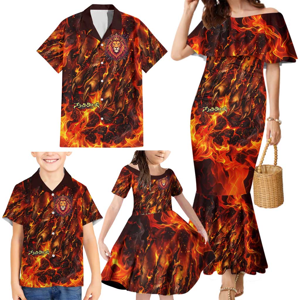 Mereoleona Vermillion Black Clover Family Matching Mermaid Dress and Hawaiian Shirt Inferno Flame Anime Style with Lion Symbolism