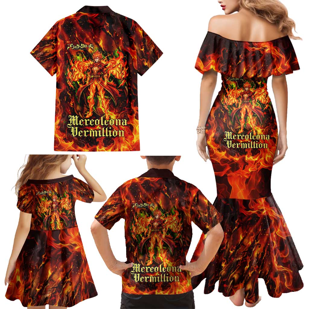 Mereoleona Vermillion Black Clover Family Matching Mermaid Dress and Hawaiian Shirt Inferno Flame Anime Style with Lion Symbolism