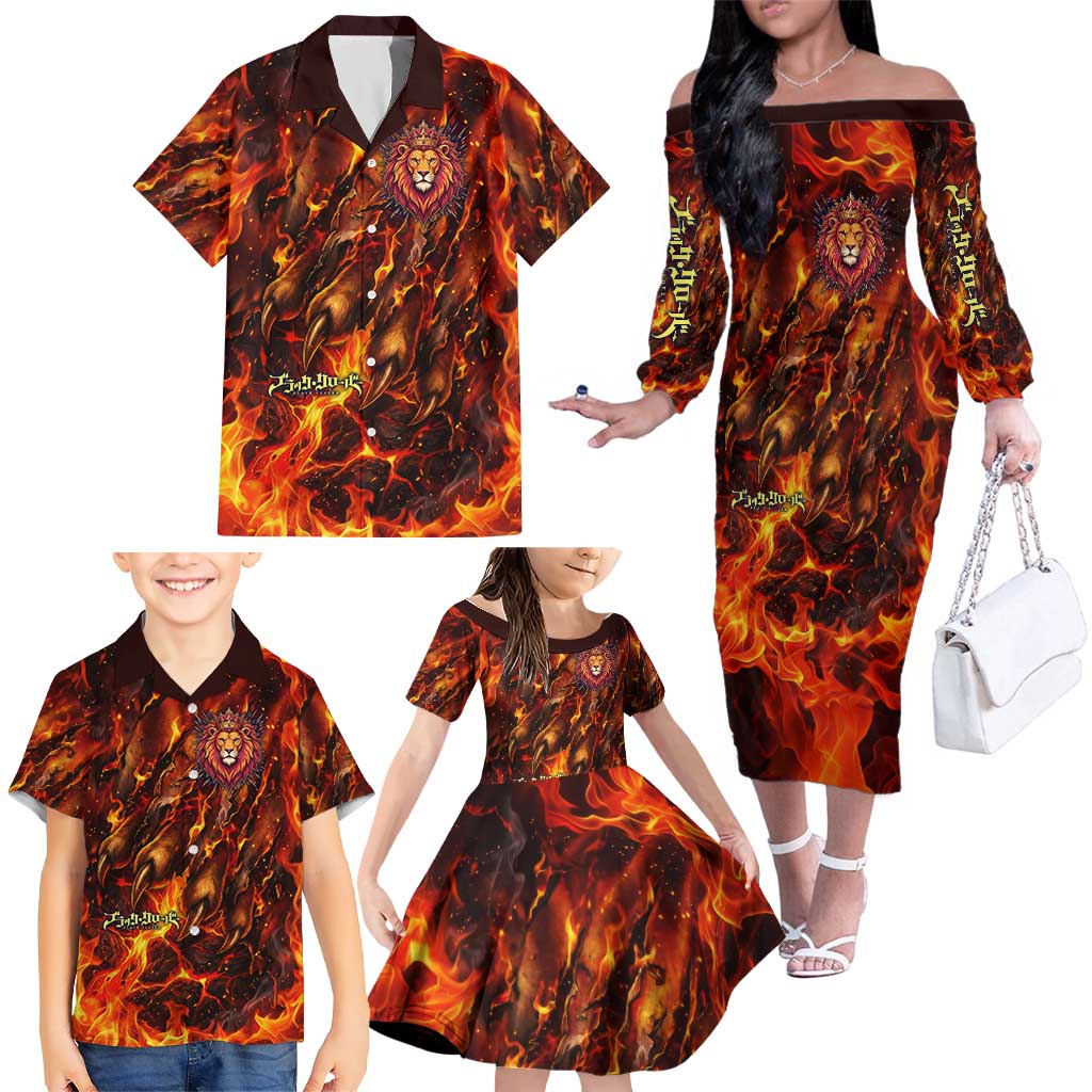 Mereoleona Vermillion Black Clover Family Matching Off The Shoulder Long Sleeve Dress and Hawaiian Shirt Inferno Flame Anime Style with Lion Symbolism