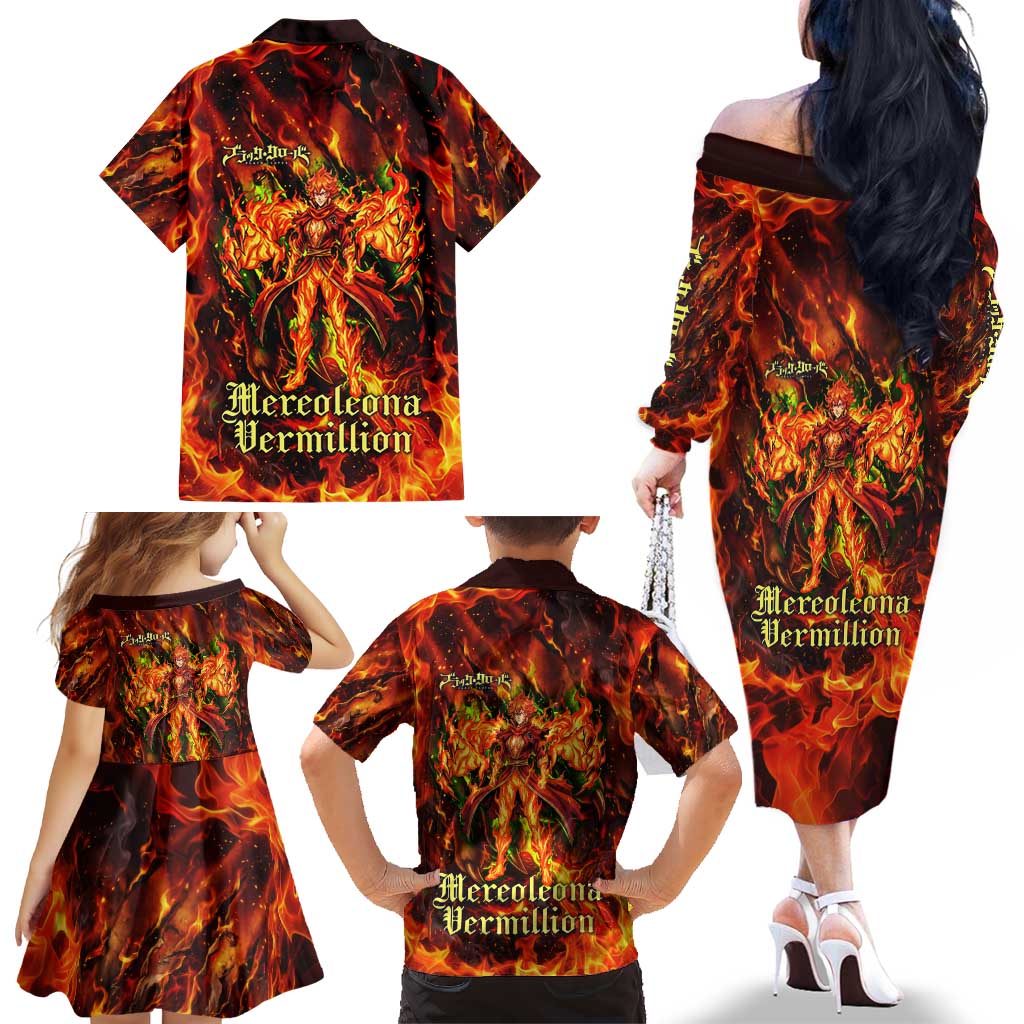 Mereoleona Vermillion Black Clover Family Matching Off The Shoulder Long Sleeve Dress and Hawaiian Shirt Inferno Flame Anime Style with Lion Symbolism