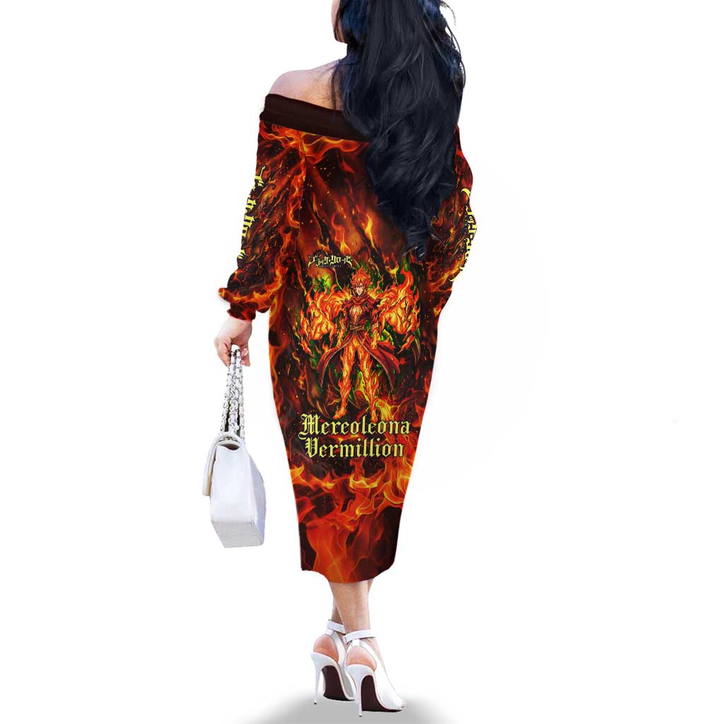 Mereoleona Vermillion Black Clover Family Matching Off The Shoulder Long Sleeve Dress and Hawaiian Shirt Inferno Flame Anime Style with Lion Symbolism