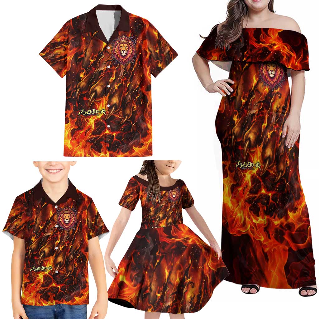 Mereoleona Vermillion Black Clover Family Matching Off Shoulder Maxi Dress and Hawaiian Shirt Inferno Flame Anime Style with Lion Symbolism