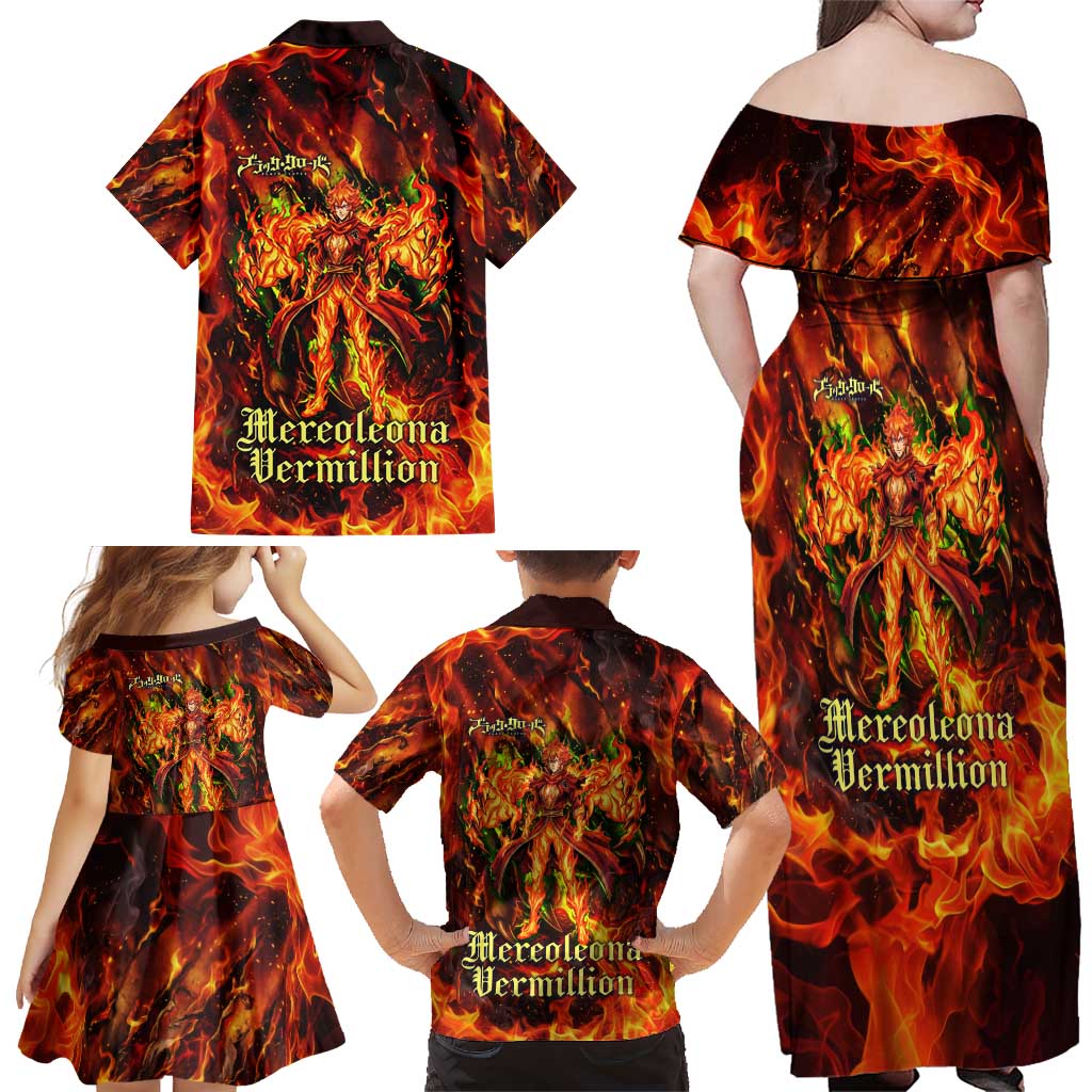 Mereoleona Vermillion Black Clover Family Matching Off Shoulder Maxi Dress and Hawaiian Shirt Inferno Flame Anime Style with Lion Symbolism