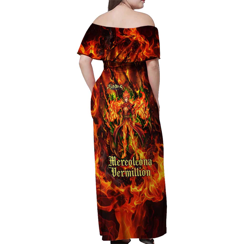 Mereoleona Vermillion Black Clover Family Matching Off Shoulder Maxi Dress and Hawaiian Shirt Inferno Flame Anime Style with Lion Symbolism