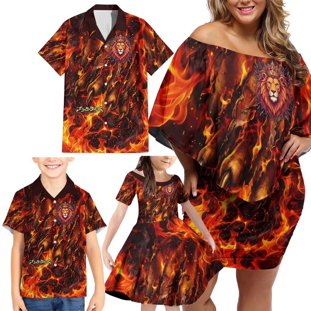 Mereoleona Vermillion Black Clover Family Matching Off Shoulder Short Dress and Hawaiian Shirt Inferno Flame Anime Style with Lion Symbolism