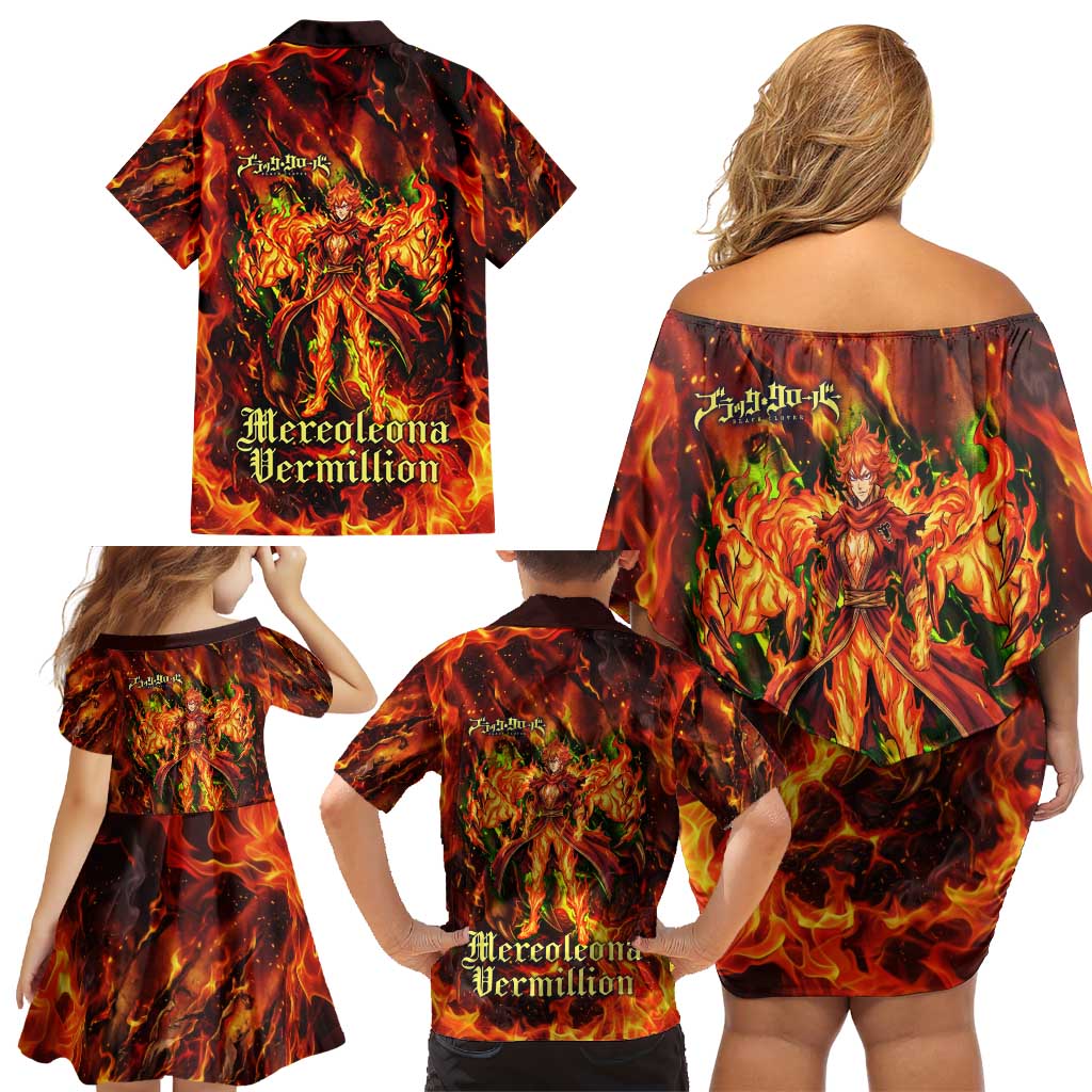 Mereoleona Vermillion Black Clover Family Matching Off Shoulder Short Dress and Hawaiian Shirt Inferno Flame Anime Style with Lion Symbolism