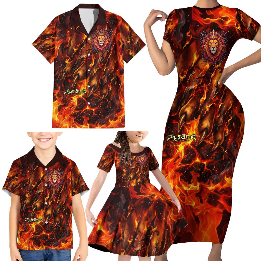 Mereoleona Vermillion Black Clover Family Matching Short Sleeve Bodycon Dress and Hawaiian Shirt Inferno Flame Anime Style with Lion Symbolism