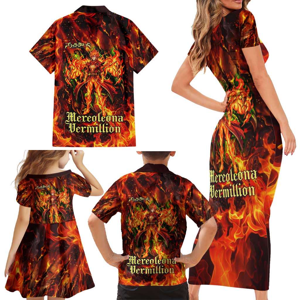 Mereoleona Vermillion Black Clover Family Matching Short Sleeve Bodycon Dress and Hawaiian Shirt Inferno Flame Anime Style with Lion Symbolism