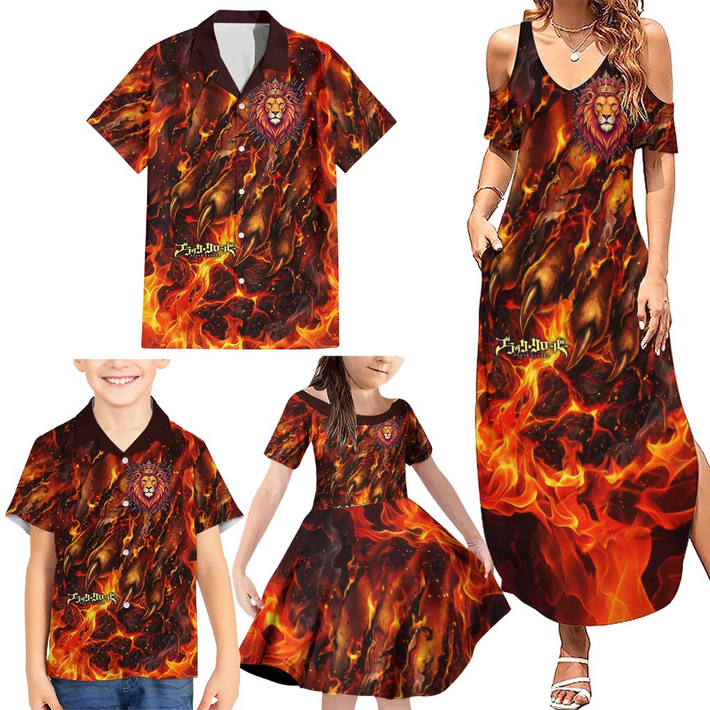 Mereoleona Vermillion Black Clover Family Matching Summer Maxi Dress and Hawaiian Shirt Inferno Flame Anime Style with Lion Symbolism