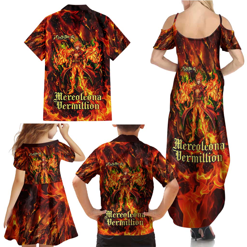 Mereoleona Vermillion Black Clover Family Matching Summer Maxi Dress and Hawaiian Shirt Inferno Flame Anime Style with Lion Symbolism