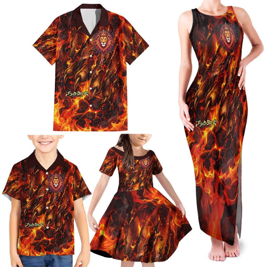 Mereoleona Vermillion Black Clover Family Matching Tank Maxi Dress and Hawaiian Shirt Inferno Flame Anime Style with Lion Symbolism