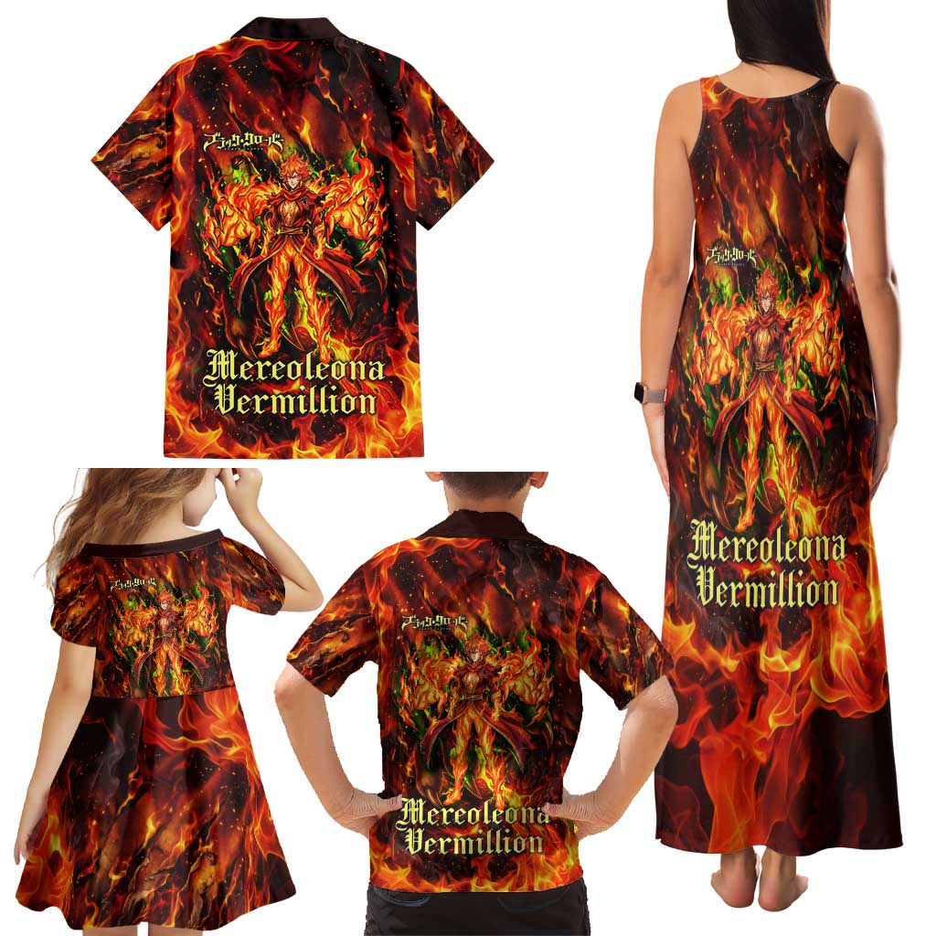 Mereoleona Vermillion Black Clover Family Matching Tank Maxi Dress and Hawaiian Shirt Inferno Flame Anime Style with Lion Symbolism