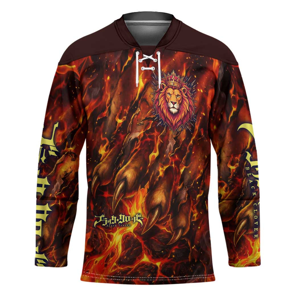 Mereoleona Vermillion Black Clover Hockey Jersey Inferno Flame Anime Style with Lion Symbolism